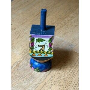 Hand Painted Wood Dreidel Emmanuel With Stand Israel Hebrew Hanukkah Judaica